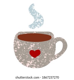 Cute mug with hot coffee. Hand drawn cup with tea, coffee isolated on white background. Gray texture, red heart, steam. Cozy vector sticker. Good morning, hygge, breakfast symbol. Cafe menu element