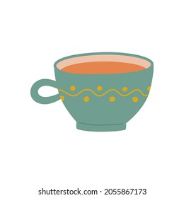 Cute mug with hot drink isolated on white background, concept of comfort and cosiness. Vector hand-drawn illustration.