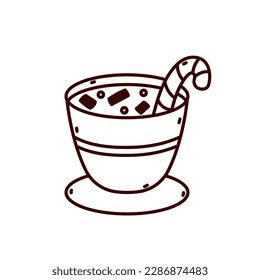 Cute mug icon with cream, hot cocoa, in a cute mug, doodle icon for design, on white background