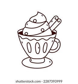 Cute mug icon with cream, hot cocoa, in a cute mug, doodle icon for design, on white background