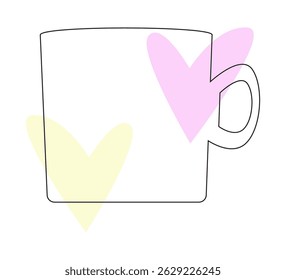 Cute mug icon with pastel heart decorations in soft hues.