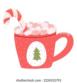 Cute mug with marshmallows and candy cane in cartoon style. Hand drawn vector illustration of red cup with Christmas tree, hot drink