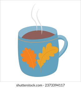 Cute mug with oak leaves. Cup with tea, cofee. Vector Cartoon Illustration