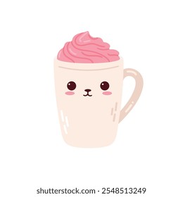 Cute mug for Valentine's Day. Mug with coffee, cocoa with cream, decorative hearts. Flat illustration.