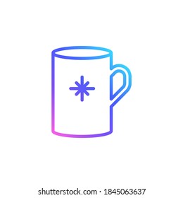 Cute mug vector icon in bright color gradient. Porcelain cup with a snowflake isolated on white background. Minimalist line art in blue, violet and pink.