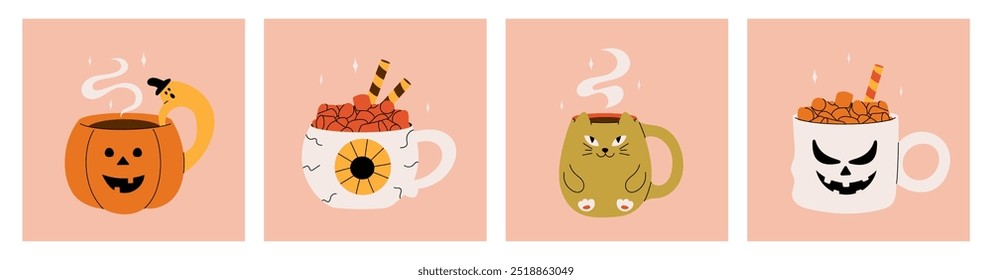 Tazas lindas para Halloween en forma de calabaza, gato, murciélago. Tazas del monstruo de la fiesta de otoño para el diseño de tarjetas, saludos, invitaciones. Ilustración de stock de Vector sobre un fondo rosa.