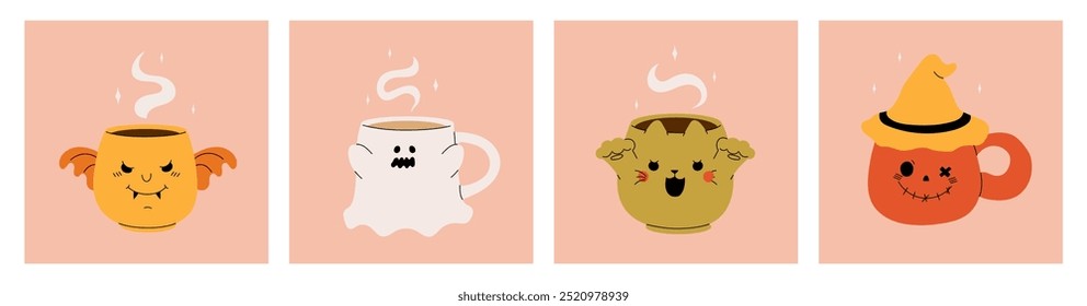 Cute mugs for Halloween in the form of pumpkin, cat, bat. Autumn festive mugs monsters. Vector stock illustration on a pink background.