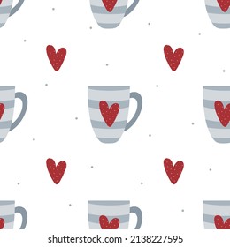 Cute mugs with hearts hand drawn seamless pattern. Vector illustration. Fun design. Kawaii tea time theme background for packaging, card, fabric, wallpaper, textile, wrapping paper, gift.