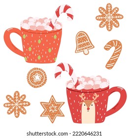 Cute mugs with marshmallows, candy cane and gingerbread cookies in cartoon style. Hand drawn vector illustration of hot drinks and Christmas sweets.