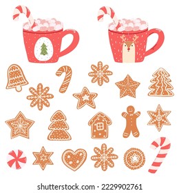 Cute mugs with marshmallows, candy cane and gingerbread cookies in cartoon style. Hand drawn vector illustration of hot drinks and Christmas sweets