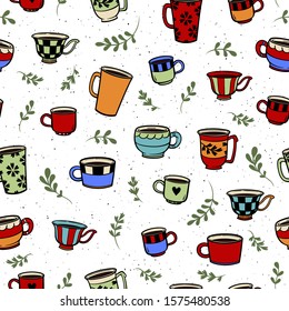 Cute mugs seamless colorful pattern on white background. Hand drawn cups stock vector illustration. Doodle vector mugs pattern.
