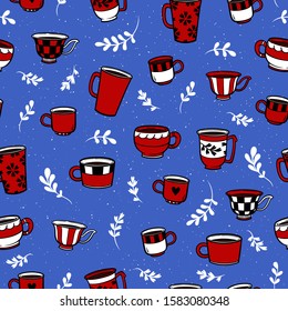 Cute mugs seamless colorful pattern on blue background. Hand drawn cups stock vector illustration. Doodle vector mugs pattern.