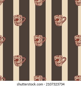 Cute mugs seamless pattern. Background of teatime. Repeated texture in doodle style for fabric, wrapping paper, wallpaper, tissue. Vector illustration.