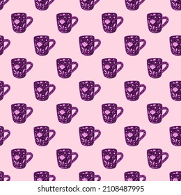 Cute mugs seamless pattern. Background of teatime. Repeated texture in doodle style for fabric, wrapping paper, wallpaper, tissue. Vector illustration.