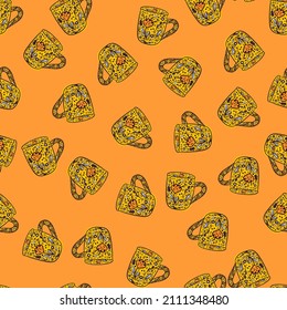 Cute mugs seamless pattern. Background of teatime. Repeated texture in doodle style for fabric, wrapping paper, wallpaper, tissue. Vector illustration.