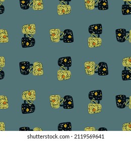 Cute mugs seamless pattern. Background of teatime. Repeated texture in doodle style for fabric, wrapping paper, wallpaper, tissue. Vector illustration.