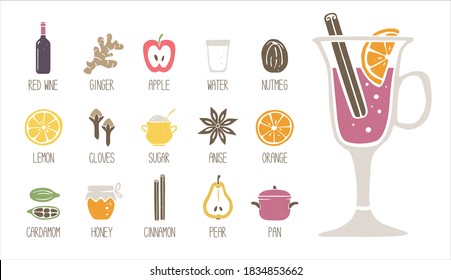 Cute mulled wine ingredient icons set isolated on white background. Cozy pictograms. Can be used for menu, Christmas or New Year decoration. Vector shabby hand drawn illustration