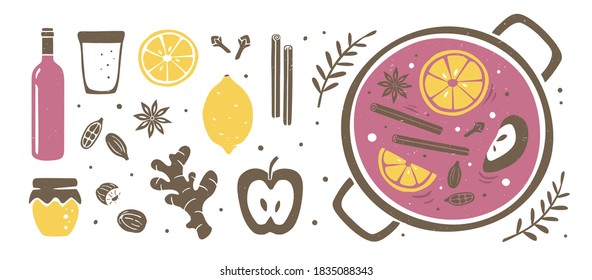 Cute Mulled Weinset. Gemütliche Kopfzeile oder Banner auf weißem Hintergrund. Wintersaison warmes Getränk Original Design. handgezeichnete Vektorgrafik