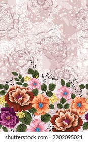 flores lindas de vectores multicolor con patrón de borde de hojas en fondo de textura