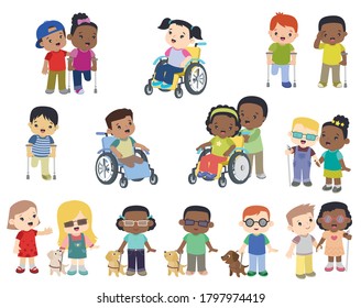 Cute Multi Ethnic Smiling Children With Disabilities Set, Flat Vector Illustration For Web, Clip Art Design Elements Isolated On White, Blind Person With Guide Dog, Girl In Wheel Chair Boy With Crutch