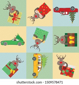 Cute multicolor cartoon reindeer with presents and cars. Geometric patchwork style. Seamless vector pattern on pastel gold, blue and green snow textured background. Great for all Christmas products