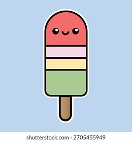 Um sorvete multicolorido bonito com um rosto de kawaii sorridente. Ilustração vetorial brilhante e simples ideal para designs de verão, produtos para crianças, adesivos e gráficos de sobremesa divertidos.