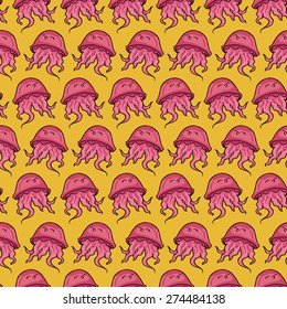 Cute multicolor seamless pattern of stylized jellyfish in cartoon style  on yellow background. Hand-drawn vector illustration for kids.