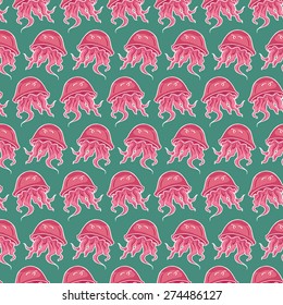 Cute multicolor seamless pattern of stylized jellyfish in cartoon style  on yellow background. Hand-drawn vector illustration for kids.