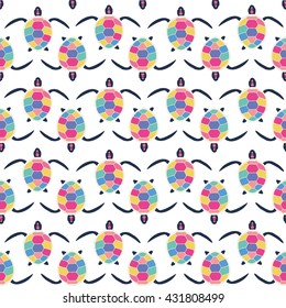 Cute multicolor seamless pattern of stylized turtles in cartoon style. Hand-drawn vector illustration. Can be used for cards, wallpaper, kids design.