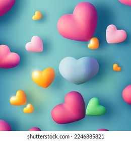 Cute multicolor yellow and pink hearts fly on blue background in Valentine Day or Wedding. 3d render high quality vector illustration for poster,  invitation and banner with unique pattern.