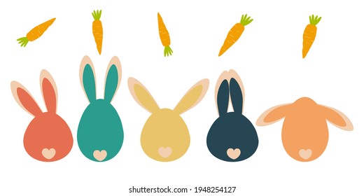 Cute multi-colored bunnies with funny ears are looking at carrots. Greeting card for the Easter holiday in pastel colors. Vector graphics.