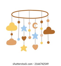 Cute multi-colored carousel mobile for baby cot in hand-drawn boho style