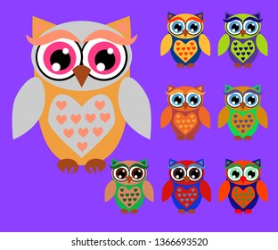 Cute multicolored cartoon owls for children, different designs