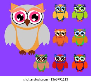 Cute multicolored cartoon owls for children, different designs