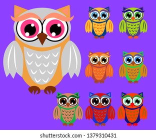 Cute multicolored cartoon owls for children, different designs