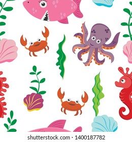 cute multi-colored children's seamless pattern of figures of marine life: crab, shark, seahorse, octopus, on a white background