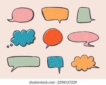 Cute multi-colored dialogue and thought bubbles in different shapes. Vector isolated cartoon illustration for design.