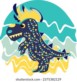 Cute multicolored dinosaur with geometric pattern and with colorful mohawk on bright background in form wavy circle. One from the collection for kids. Vector illustration	