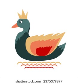 Cute multicolored duck with crown on the waves. One from the collection for kids. Vector illustration	