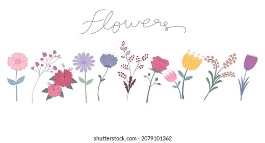 Flores multicolores y bonitas diseñadas en forma de doodle. Se puede adaptar a una amplia gama de aplicaciones como diseños de portadas, Día de San Valentín, plantillas web, impresión digital, decoración de tarjetas, bodas,