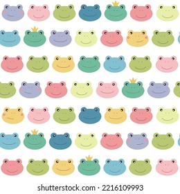 Cute Multicolored Frog Seamless Pattern. Vector illustration of an Amphibian Animal. Simple children's cartoon drawing for Wallpaper, Background, Textile Clothing, Pajamas, Gift Wrapping.