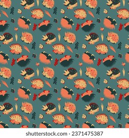 Cute multicolored green-yellow-red hedgehogs on green background. One pattern from the collection for kids. Vector illustration	