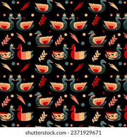 Cute multicolored green-yellow-red-orange ducks on black background. One pattern from the collection for kids. Vector illustration	