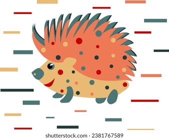Cute multicolored hedgehog with pattern polka dot on background of bricks. One from the collection for kids. Vector illustration	