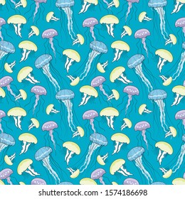 Cute multi-colored jellyfish seamless pattern on blue background