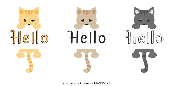 Cute multicolored kittens hanging on a Hello card board. Adorable pets hold on to a sign with their paws. Vector cat set for cover, poster, greeting card, printing on clothes and bags. Design template