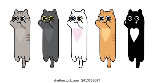 Cute multicolored  Longcat, vector cartoon cat bookmarks collection. Vector cat set for cover, poster, greeting card, printing on clothes and bags. Design template White background. Isolated.