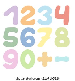 Cute multicolored numbers with plus and minus sign in doodle style. Hand Drawn. Freehand drawing. Doodle. Sketch.	