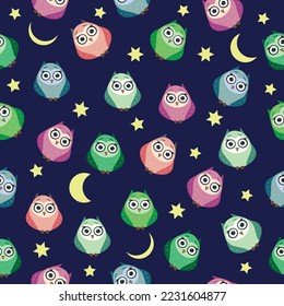 Cute multicolored owls at night with stars, clouds and moon. Seamless pattern in cartoon style, childish seamless pattern, newborn. Creative childish background for fabric, textile