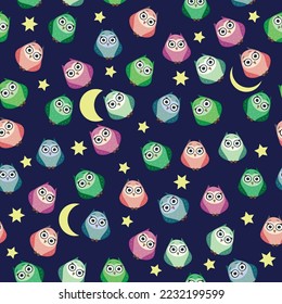 Cute multicolored owls at night with stars, clouds and moon. Seamless pattern in cartoon style, childish seamless pattern, newborn. Creative childish background for fabric, textile